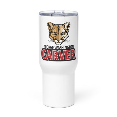 Carver Dual Language Travel mug with a handle