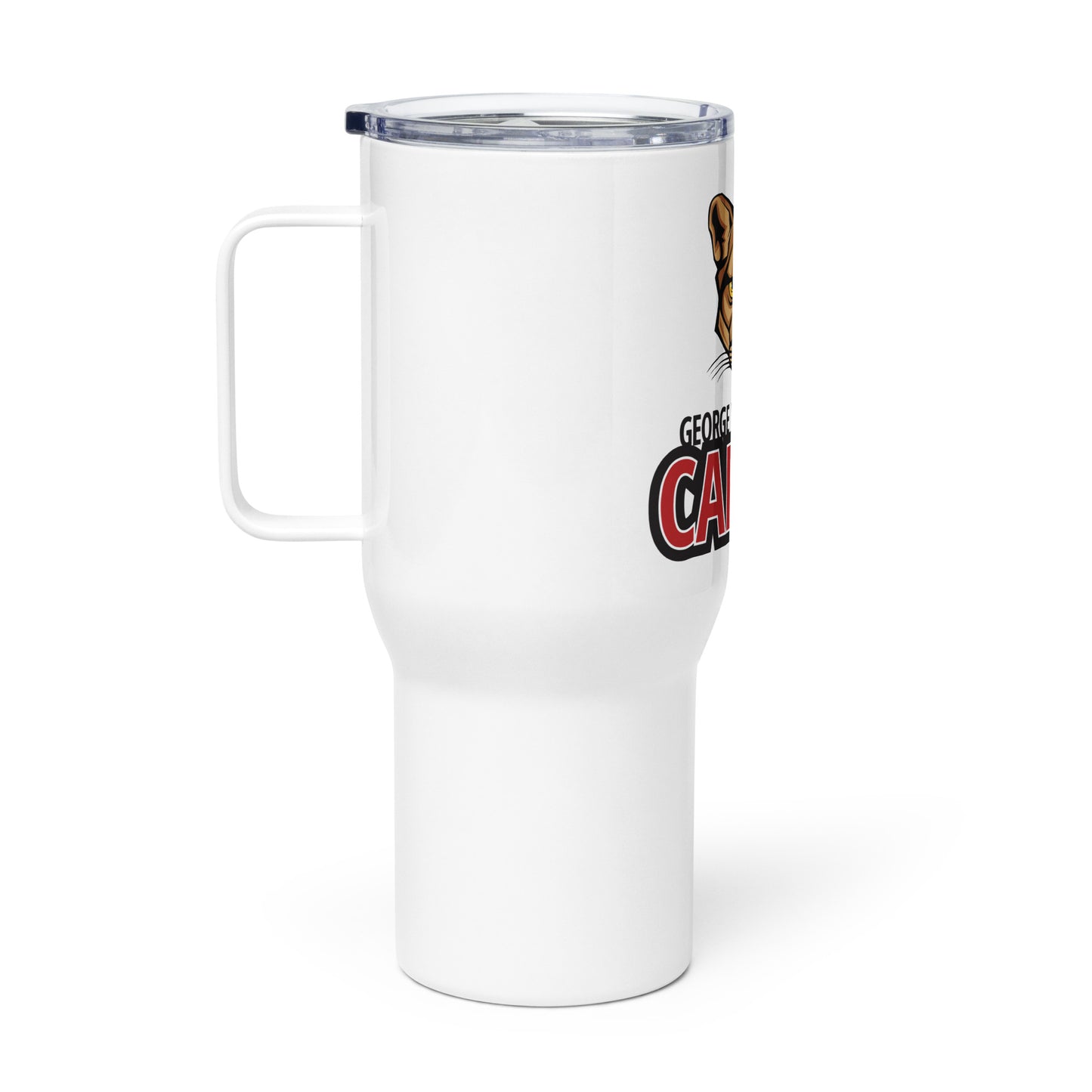 Carver Dual Language Travel mug with a handle